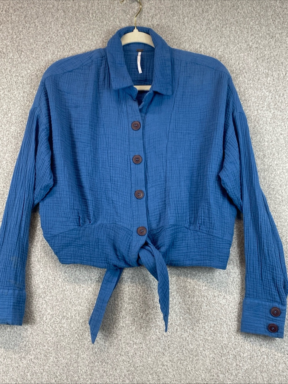 Free People Sun Streaks Double Gauze blouse Women S Blue Tie Boho cropped FLAW